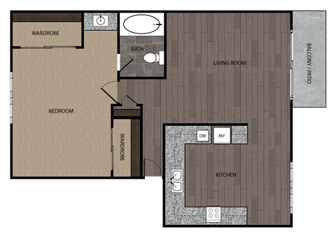 Floor plan for 1 bed, 1 bath, 500 sqft